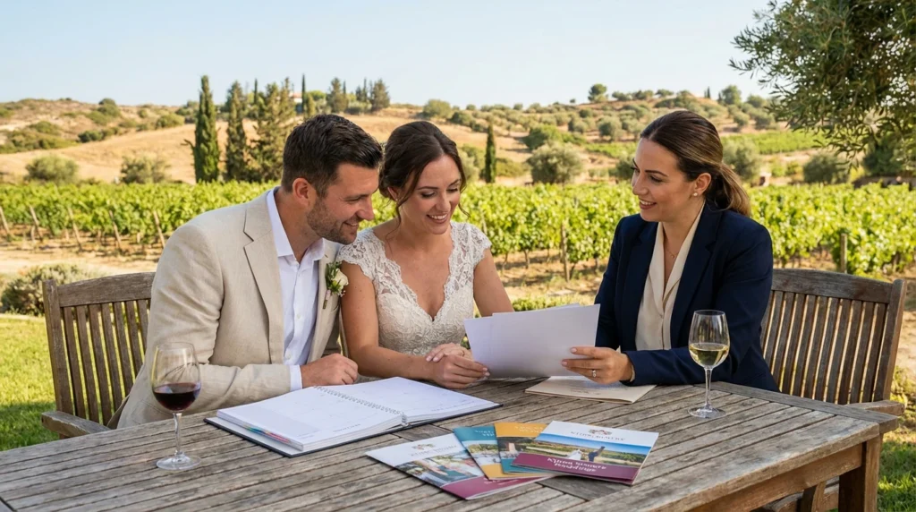 Couple meeting with wedding venue coordinator at Cyprus winery to plan their wedding timeline