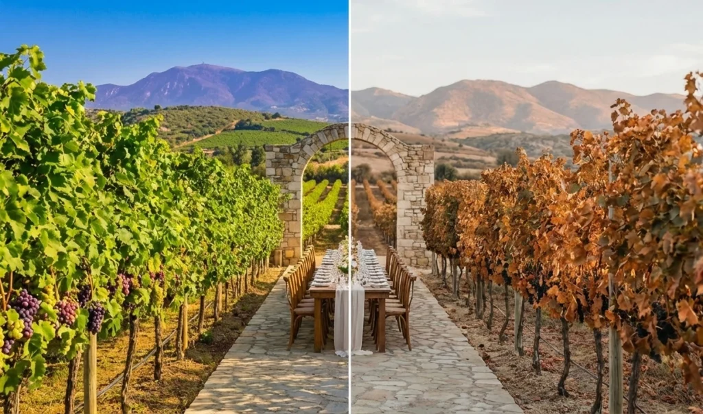 "Cyprus vineyard in summer peak season versus spring off-season showing seasonal differences for wedding planning