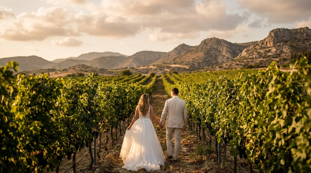 Wedding couple walking through vineyard rows at Cyprus winery with mountain views