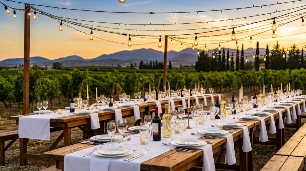 Elegant outdoor wedding reception setup at Cyprus winery with string lights and vineyard views